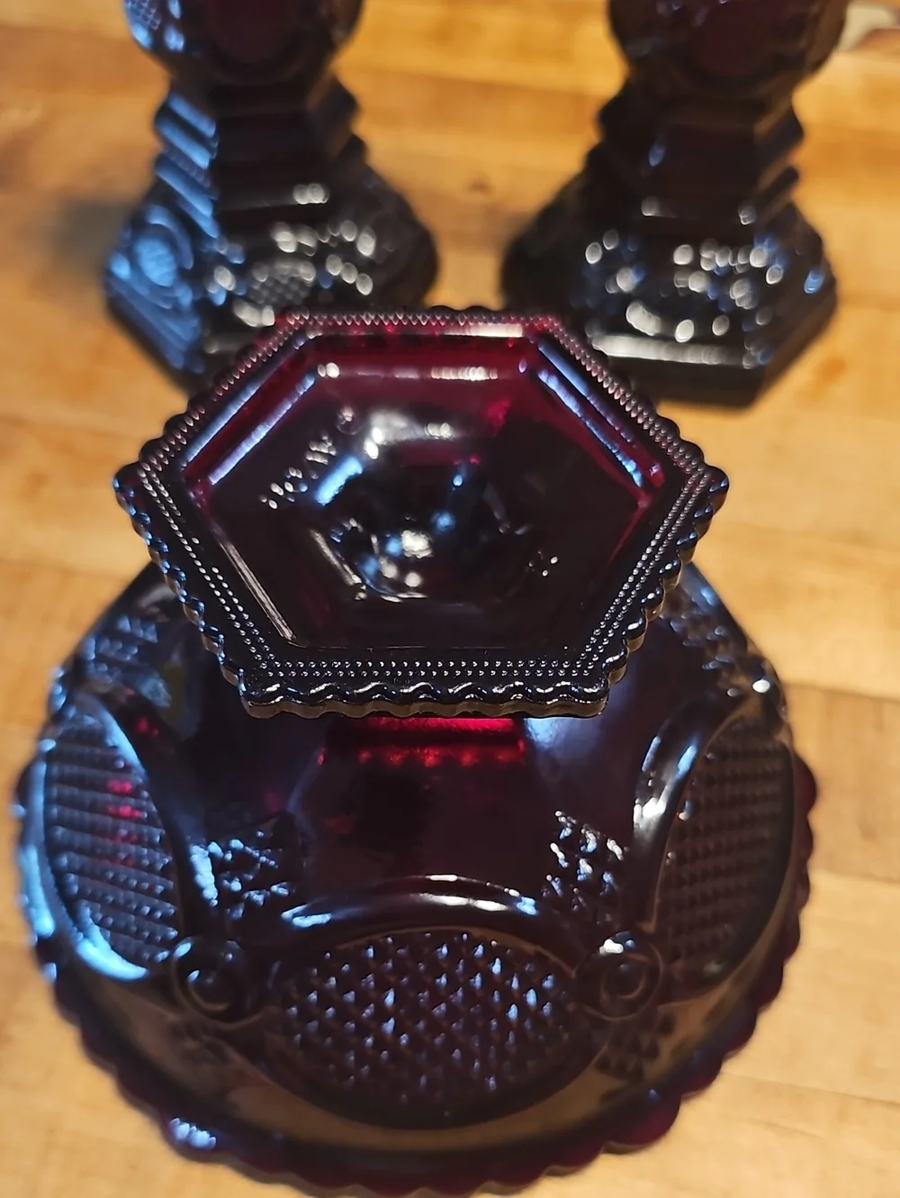 Ruby Red Pressed Glass Candy Dish with Matching Candle Holders Avon Cape Cod